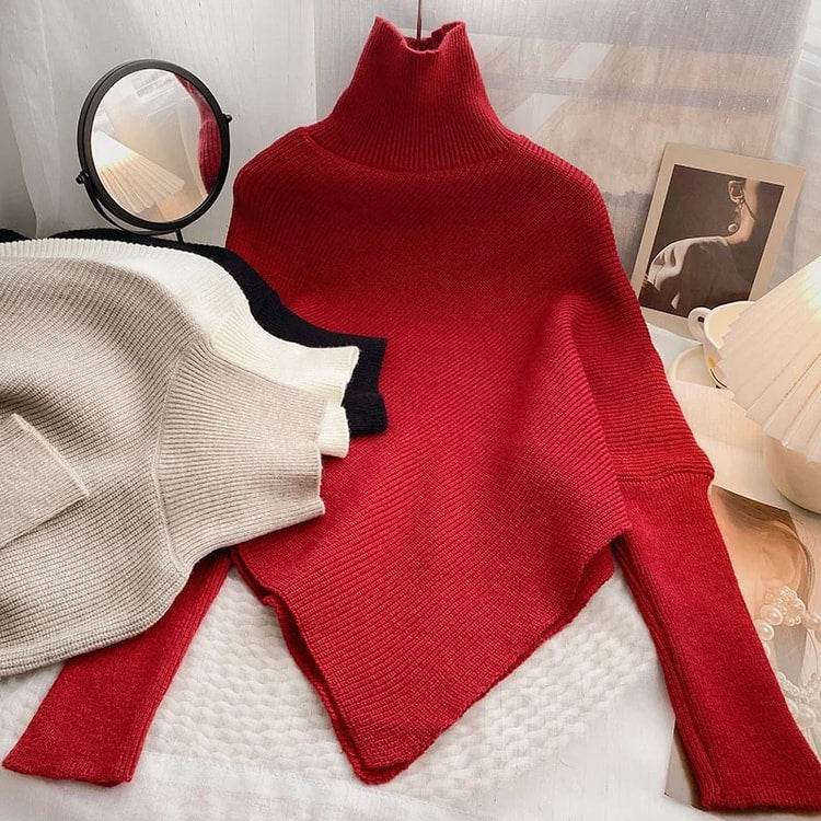 Autumn Winter Knit Sweater, Vintage Irregular Loose Pullover, Chic High Neck Women Fashion Tops