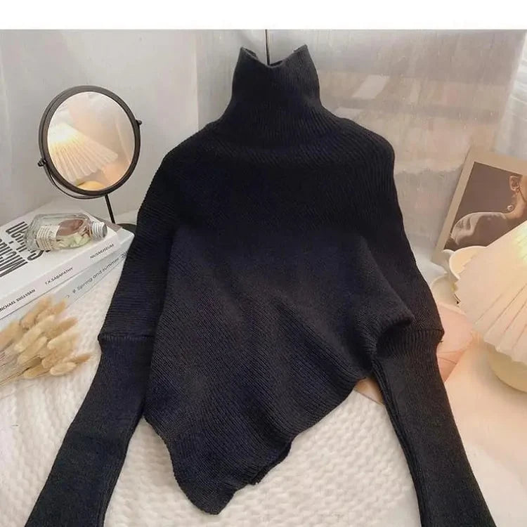 Autumn Winter Knit Sweater, Vintage Irregular Loose Pullover, Chic High Neck Women Fashion Tops