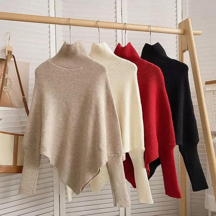 Autumn Winter Knit Sweater, Vintage Irregular Loose Pullover, Chic High Neck Women Fashion Tops