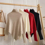 Autumn Winter Knit Sweater, Vintage Irregular Loose Pullover, Chic High Neck Women Fashion Tops