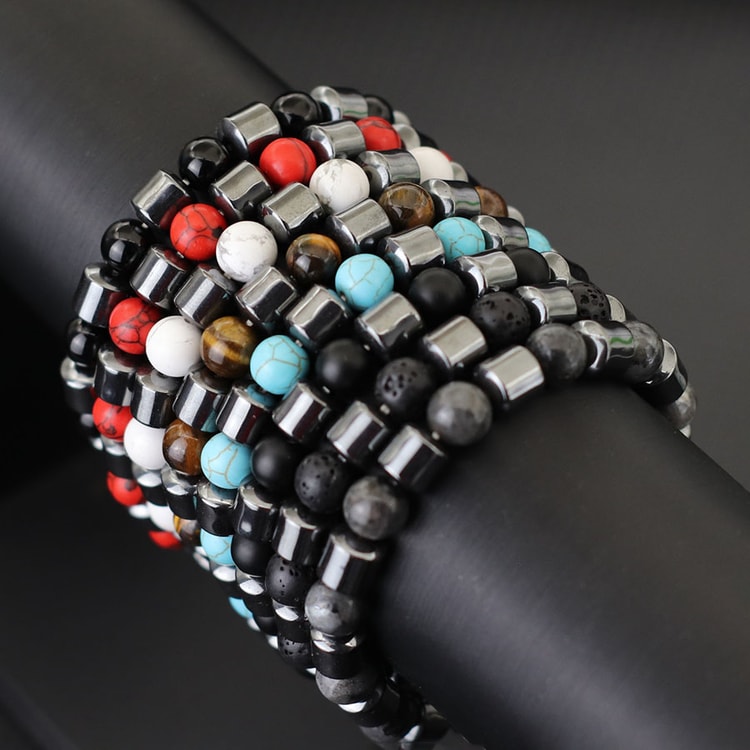 Premium Men Bracelet, Howlite, Hematite, Tiger Eyes, Homme Cycling Decoration