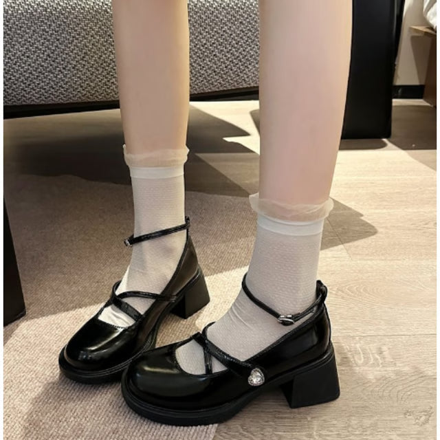 Retro Mary Jane Shoes for Women, PU Leather Loafers, Thick Heel Lolita Shoes, Uniform Pumps with Ankle Buckle